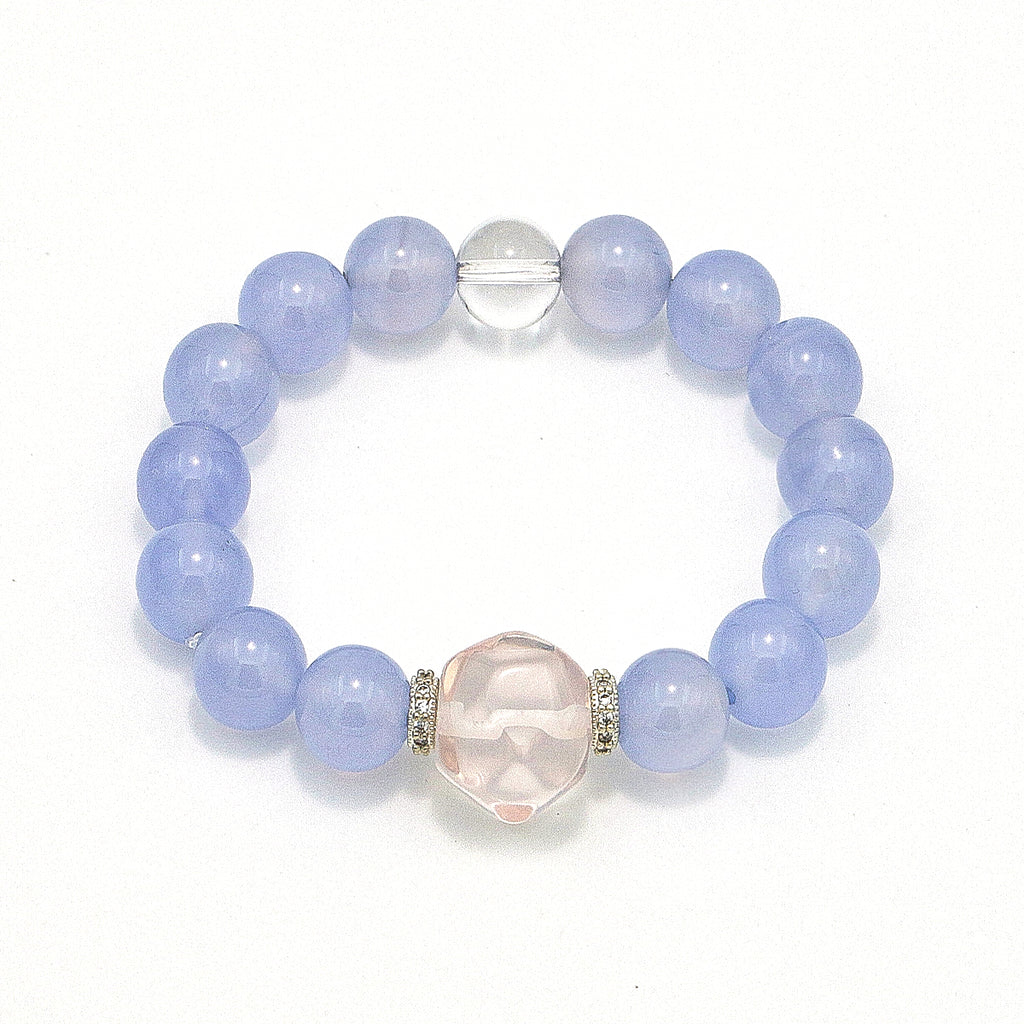Handmade Blue Lace Agate Bracelet with Rose Quartz and Clear Crystal - 925 Silver Accents-st-0032