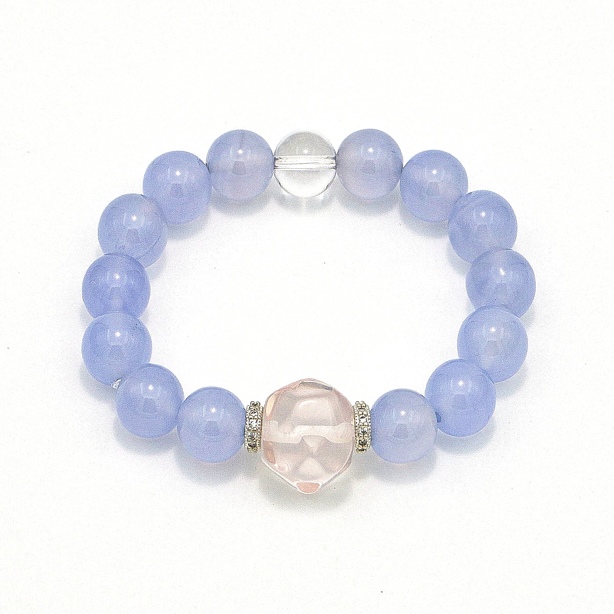 Handmade Blue Lace Agate Bracelet with Rose Quartz and Clear Crystal - 925 Silver Accents-st-0032