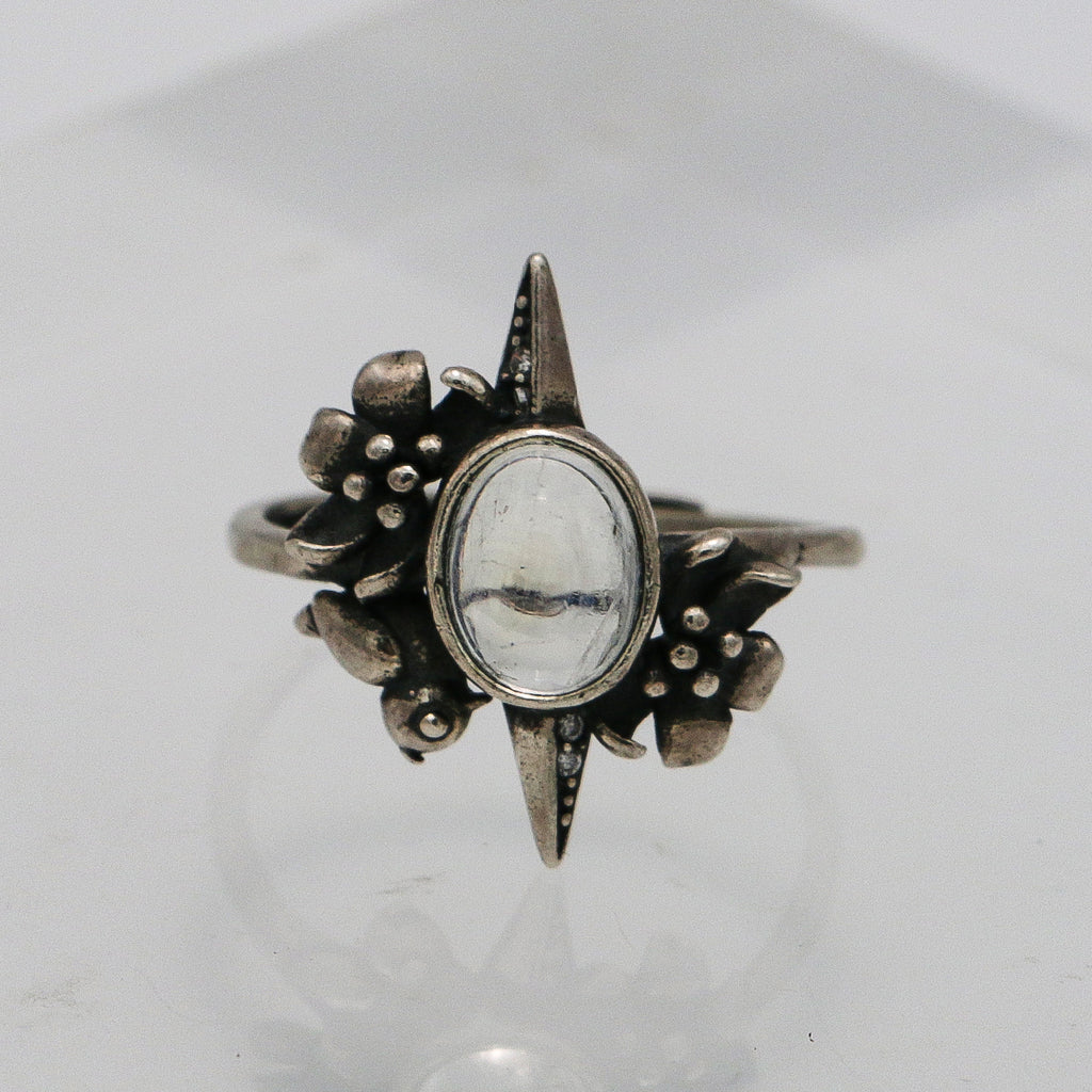 Blue Moonstone Ring - Vintage 925 Silver with Floral Star Engraving-st-0041