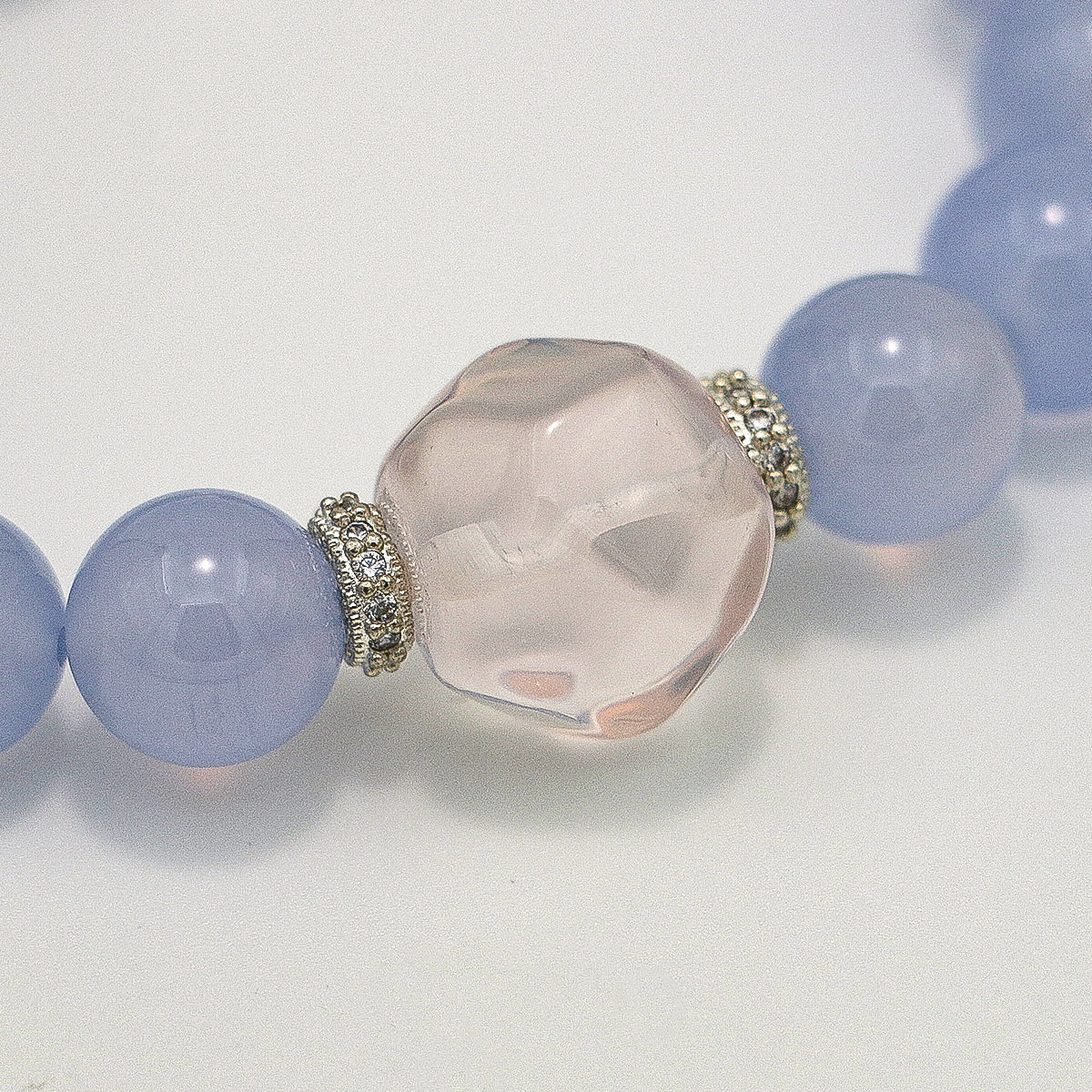 Handmade Blue Lace Agate Bracelet with Rose Quartz and Clear Crystal - 925 Silver Accents-st-0032