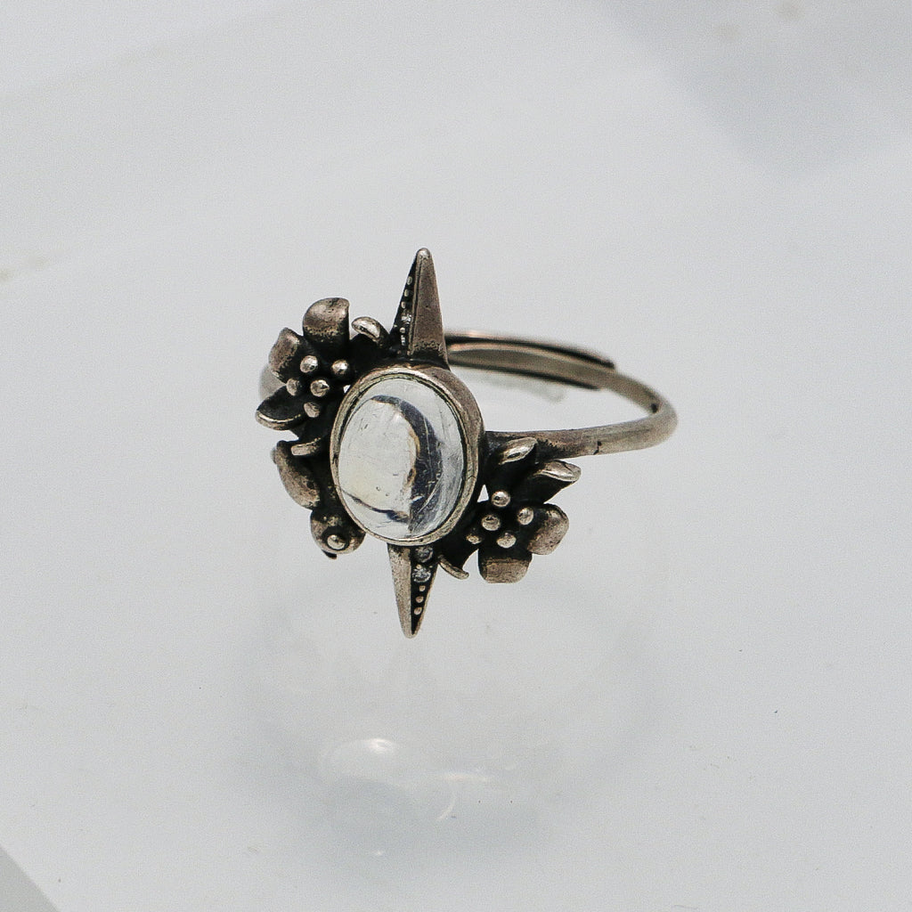 Blue Moonstone Ring - Vintage 925 Silver with Floral Star Engraving-st-0041