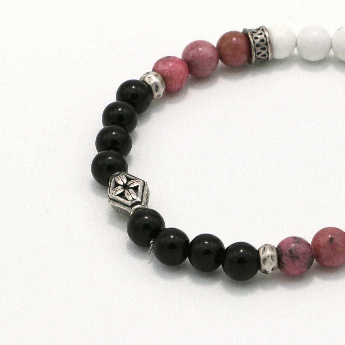 Handmade Obsidian, Rhodochrosite and Howlite Bracelet with Silver Accents-st-0002