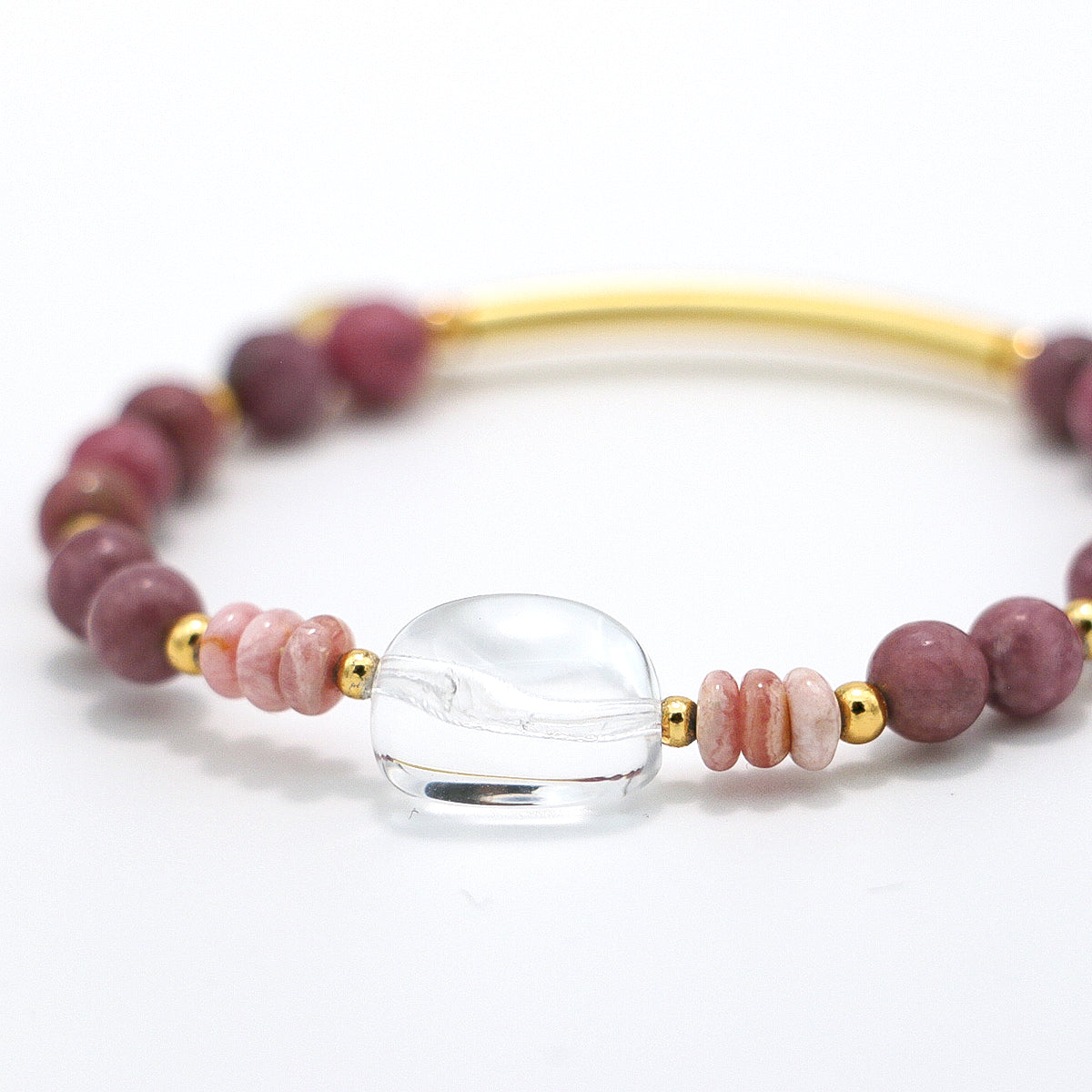 Handmade Rhodochrosite and Raw Crystal Bracelet with Gold Accents-st-0003