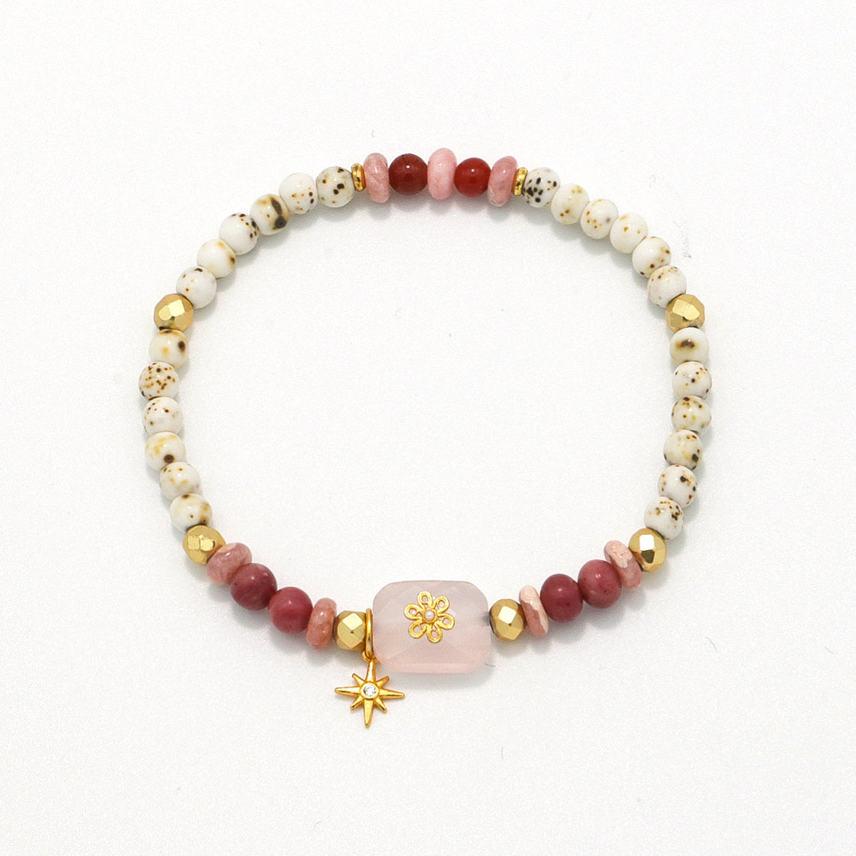 Handmade Rhodochrosite and Howlite Bracelet with Gold Plated Accents-st-0006
