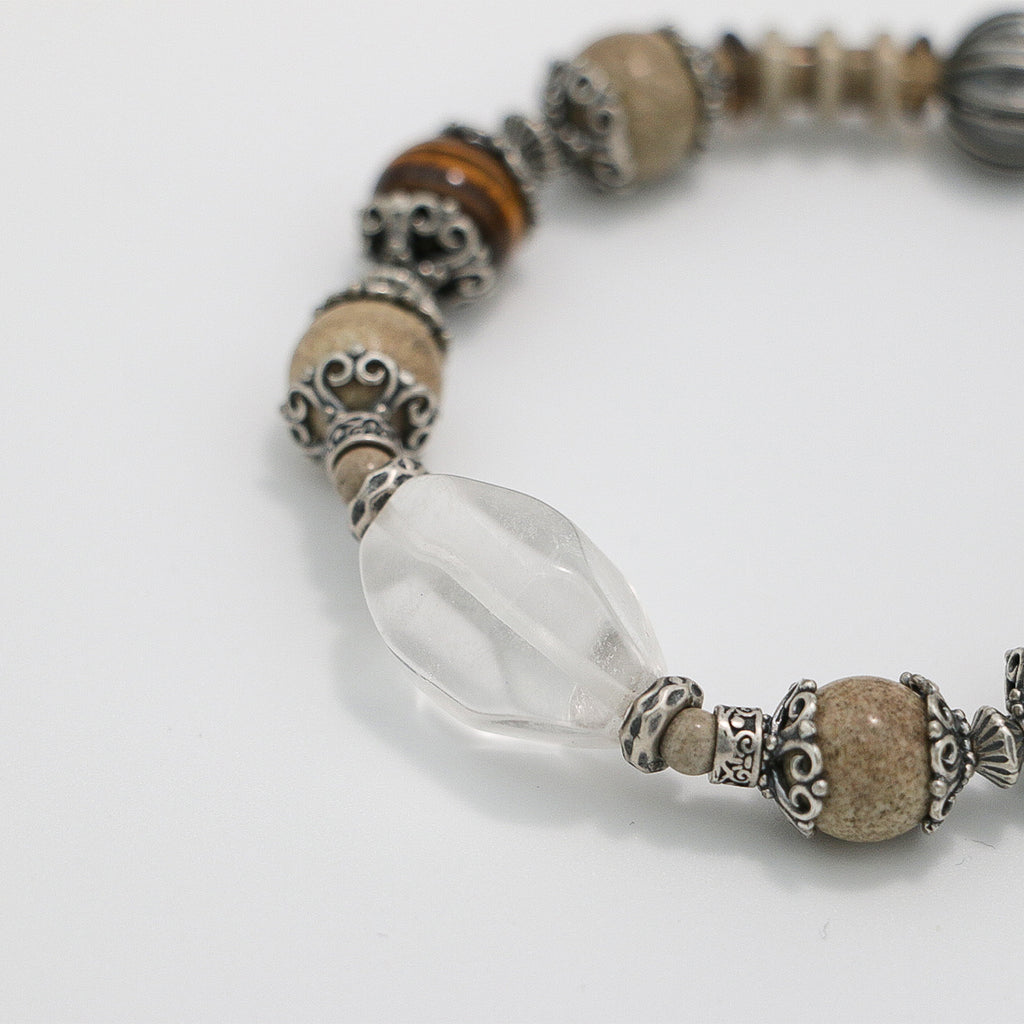 Handmade Tiger Eye, Map Stone and Clear Crystal Bracelet with Antiqued Silver Accents-st-0015