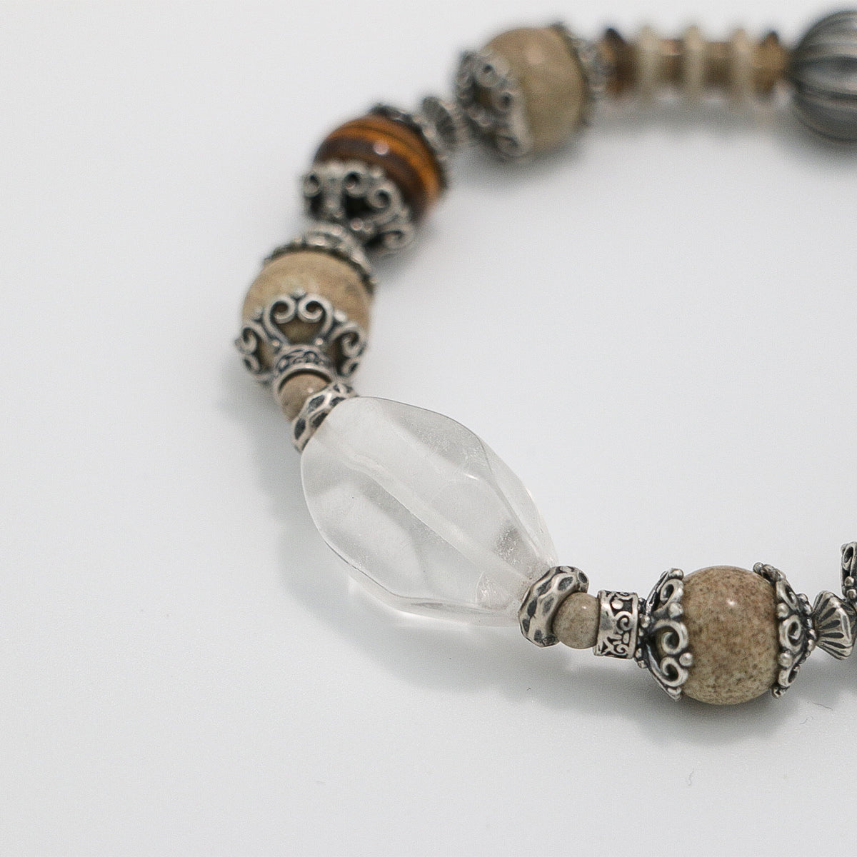 Handmade Tiger Eye, Map Stone and Clear Crystal Bracelet with Antiqued Silver Accents-st-0015