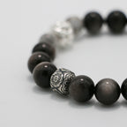 Handmade Silver Sheen Obsidian and Black Rutilated Quartz Bracelet with Silver Accents-st-0016