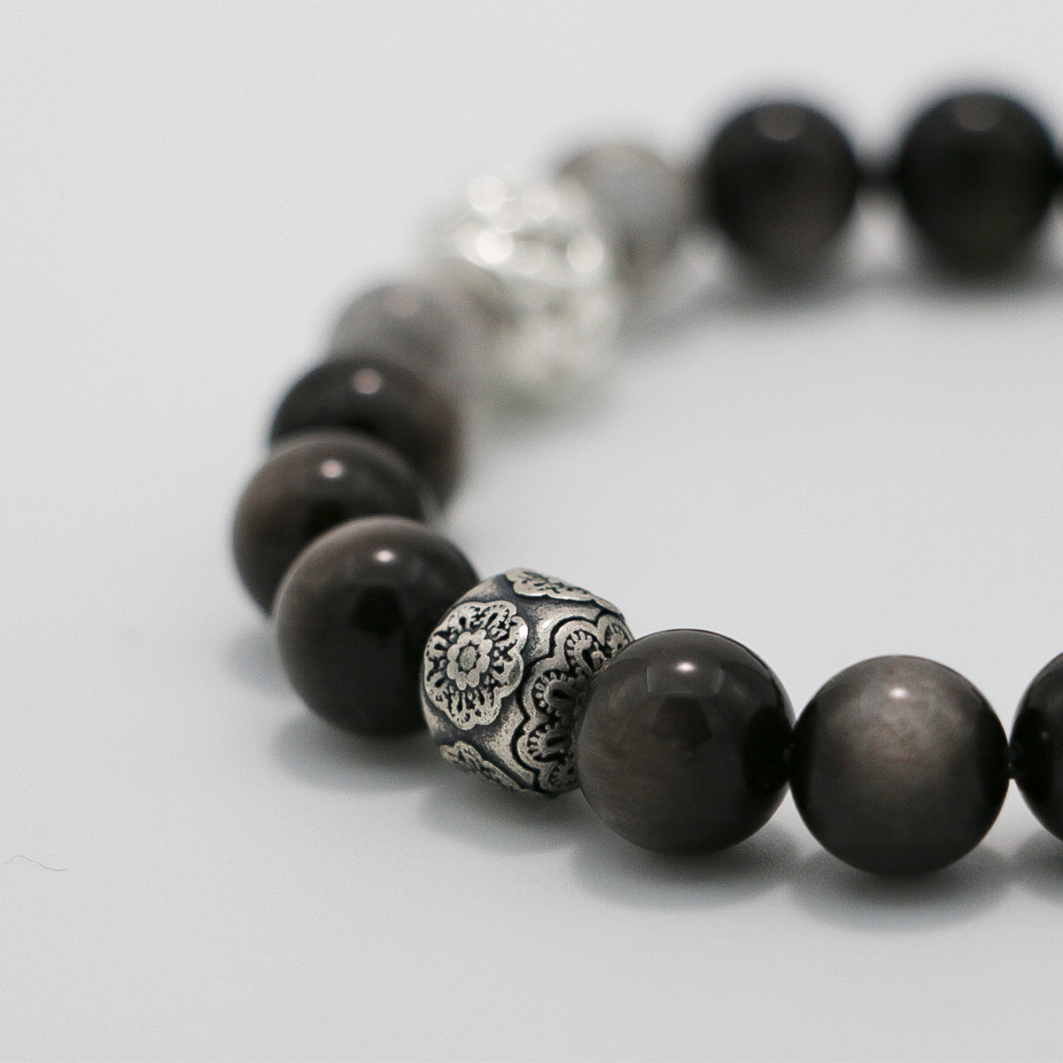 Handmade Silver Sheen Obsidian and Black Rutilated Quartz Bracelet with Silver Accents-st-0016