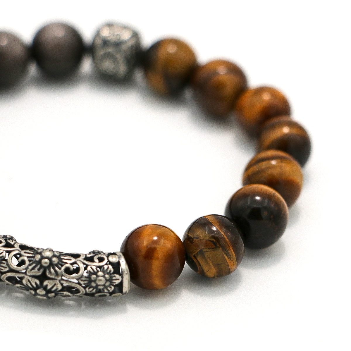 Handmade Tiger Eye and Silver Sheen Obsidian Bracelet with Antiqued Silver - Tribal Elegance Collection-st-0017