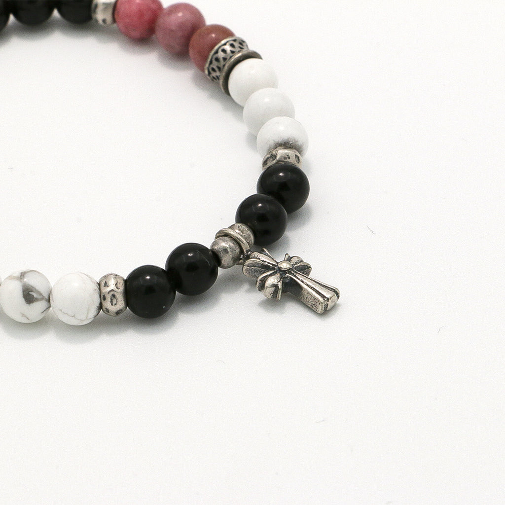 Handmade Obsidian, Rhodochrosite and Howlite Bracelet with Silver Accents-st-0002