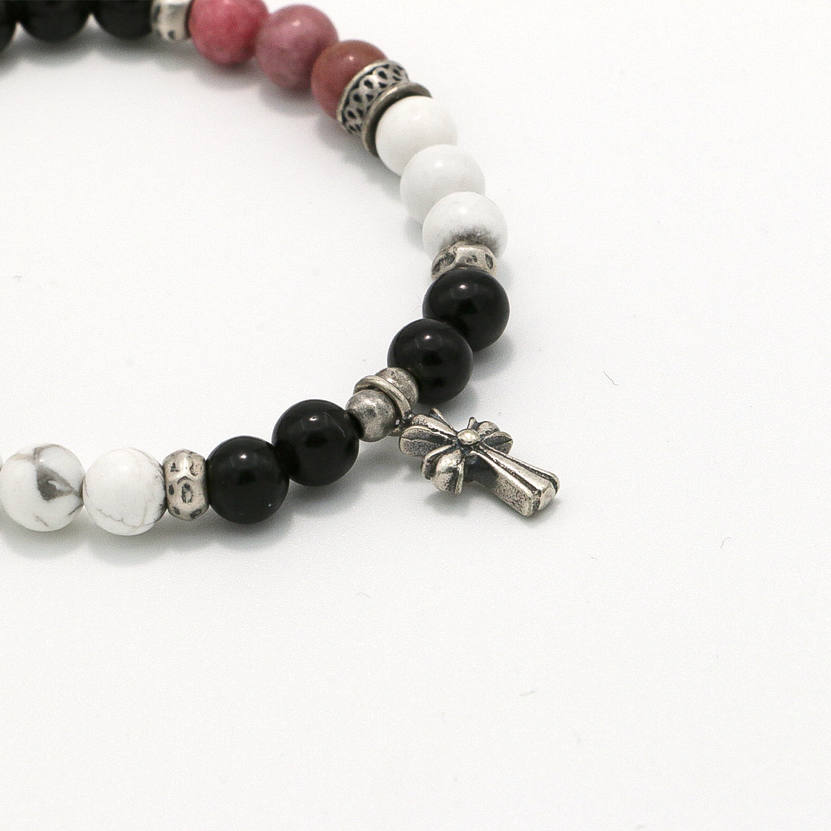 Handmade Obsidian, Rhodochrosite and Howlite Bracelet with Silver Accents-st-0002