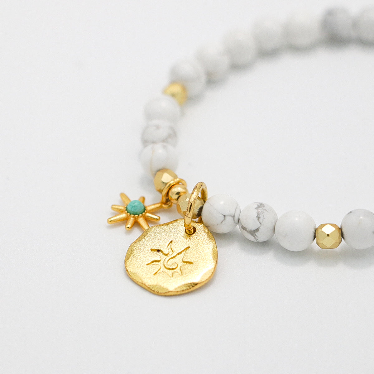 Handmade Howlite and Turquoise Bracelet with Gold Tone Accent - Bohemian Beaded Jewelry-st-0009