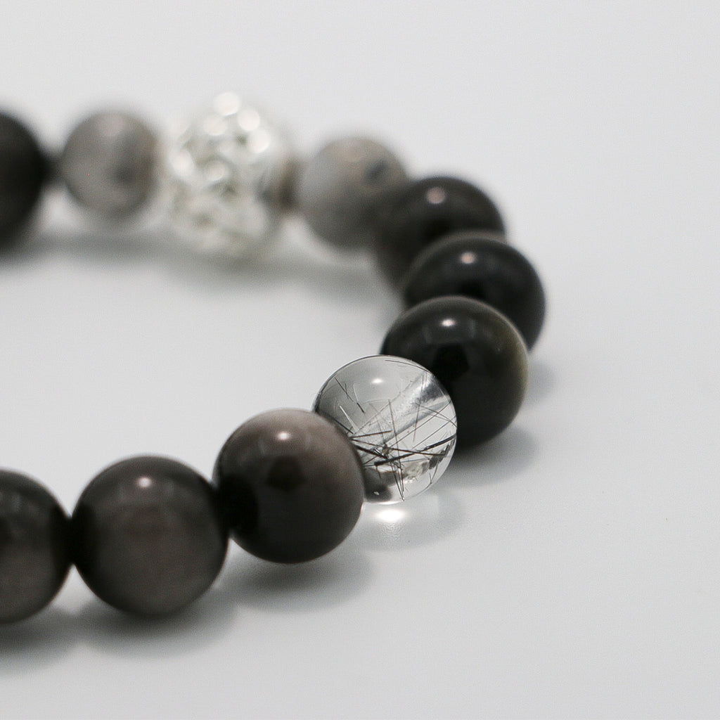 Handmade Silver Sheen Obsidian and Black Rutilated Quartz Bracelet with Silver Accents-st-0016