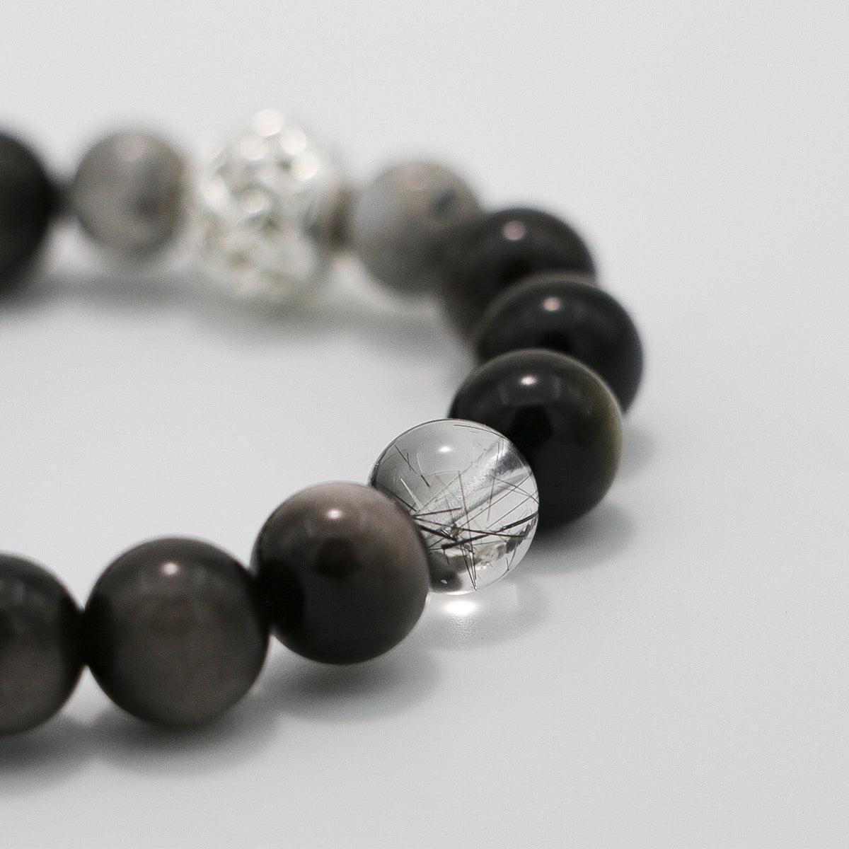 Handmade Silver Sheen Obsidian and Black Rutilated Quartz Bracelet with Silver Accents-st-0016