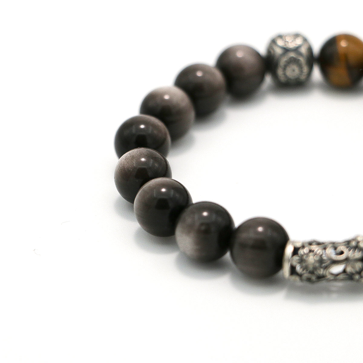 Handmade Tiger Eye and Silver Sheen Obsidian Bracelet with Antiqued Silver - Tribal Elegance Collection-st-0017