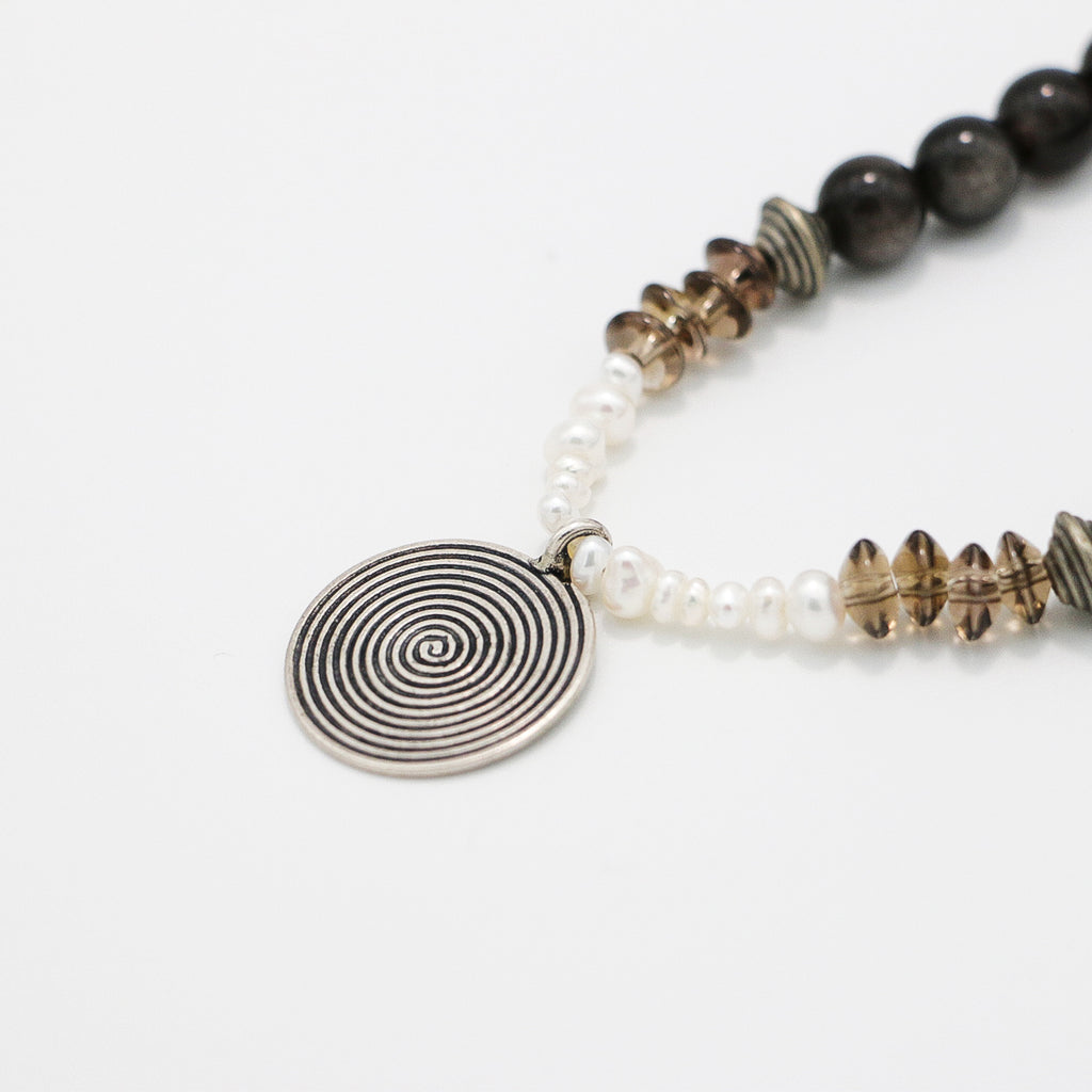 Silver Sheen Obsidian and Smoky Quartz Necklace with Silver Spiral Pendant-st-0020