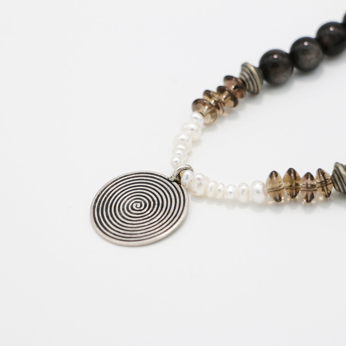 Silver Sheen Obsidian and Smoky Quartz Necklace with Silver Spiral Pendant-st-0020