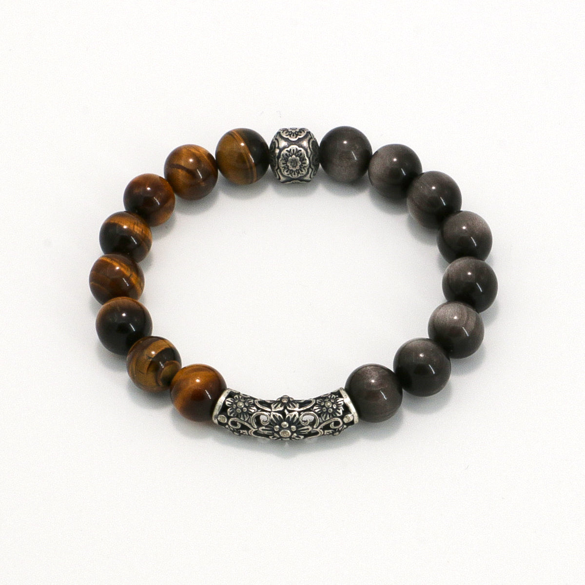 Handmade Tiger Eye and Silver Sheen Obsidian Bracelet with Antiqued Silver - Tribal Elegance Collection-st-0017