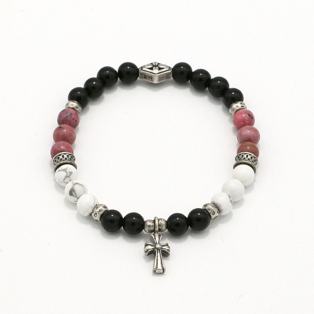 Handmade Obsidian, Rhodochrosite and Howlite Bracelet with Silver Accents-st-0002