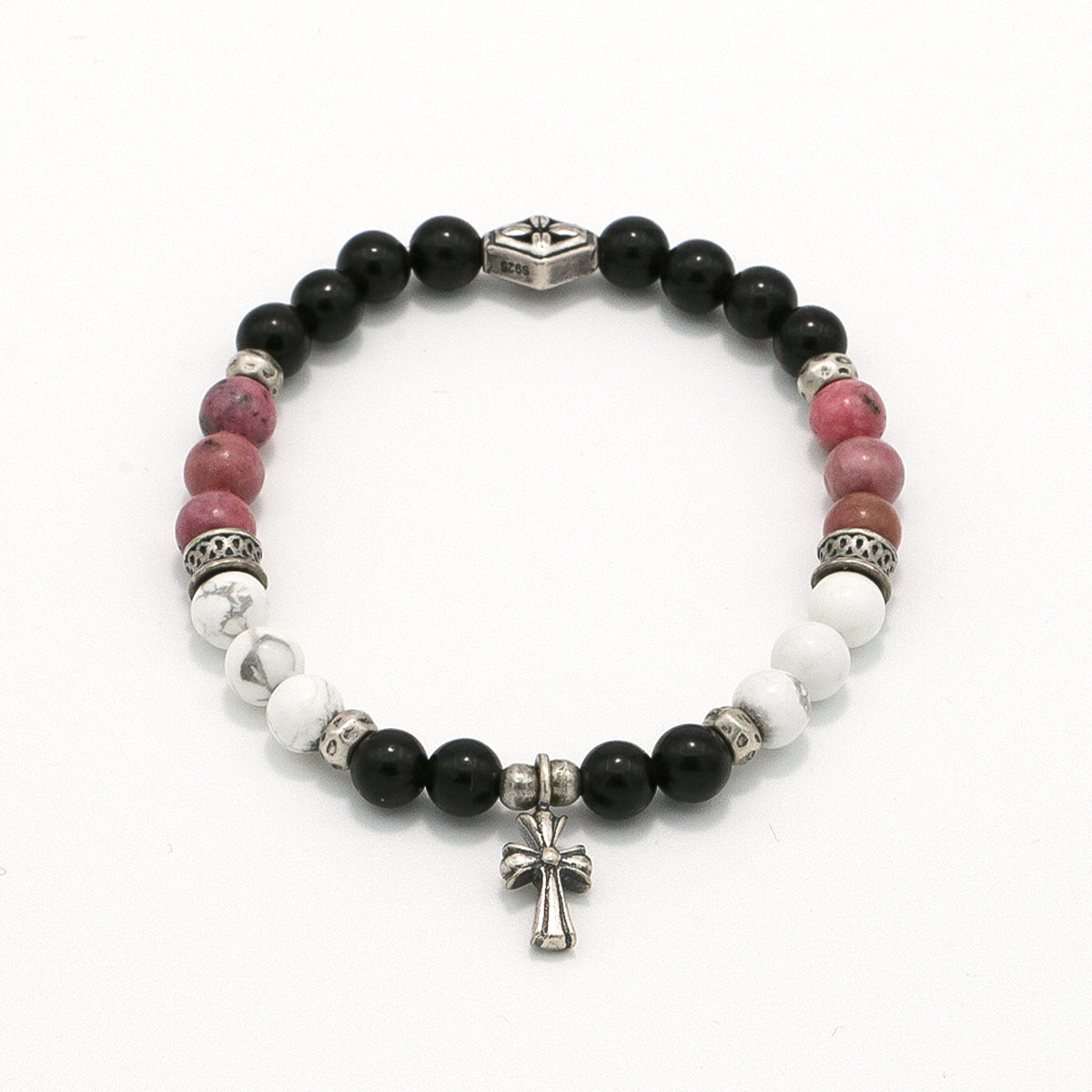 Handmade Obsidian, Rhodochrosite and Howlite Bracelet with Silver Accents-st-0002