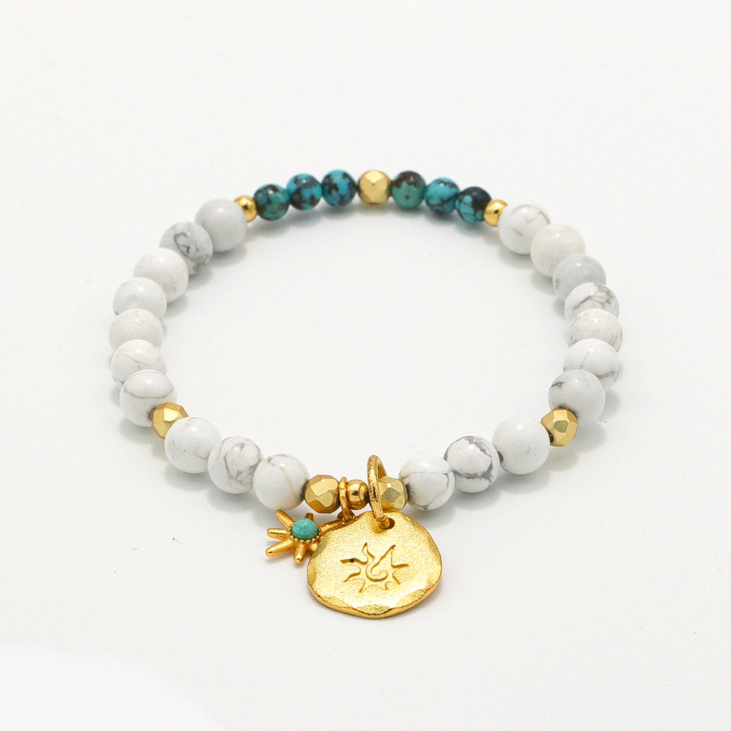 Handmade Howlite and Turquoise Bracelet with Gold Tone Accent - Bohemian Beaded Jewelry-st-0009