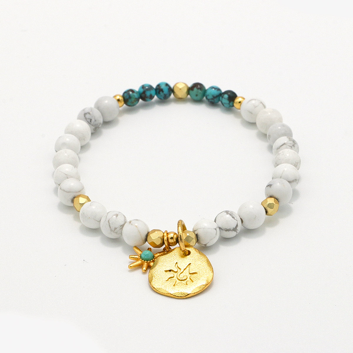 Handmade Howlite and Turquoise Bracelet with Gold Tone Accent - Bohemian Beaded Jewelry-st-0009