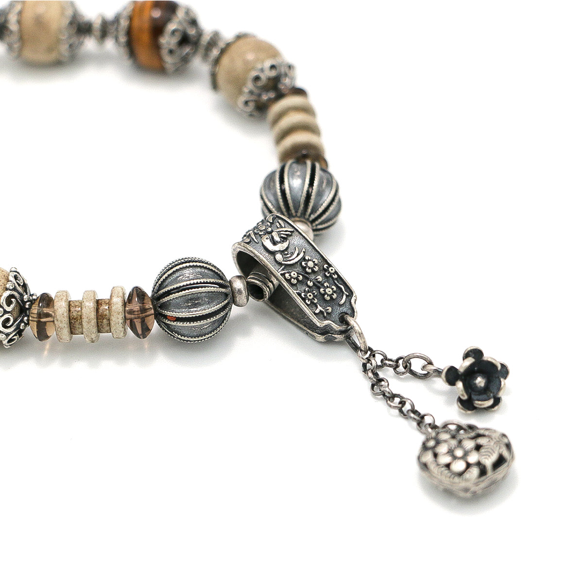 Handmade Tiger Eye, Map Stone and Clear Crystal Bracelet with Antiqued Silver Accents-st-0015