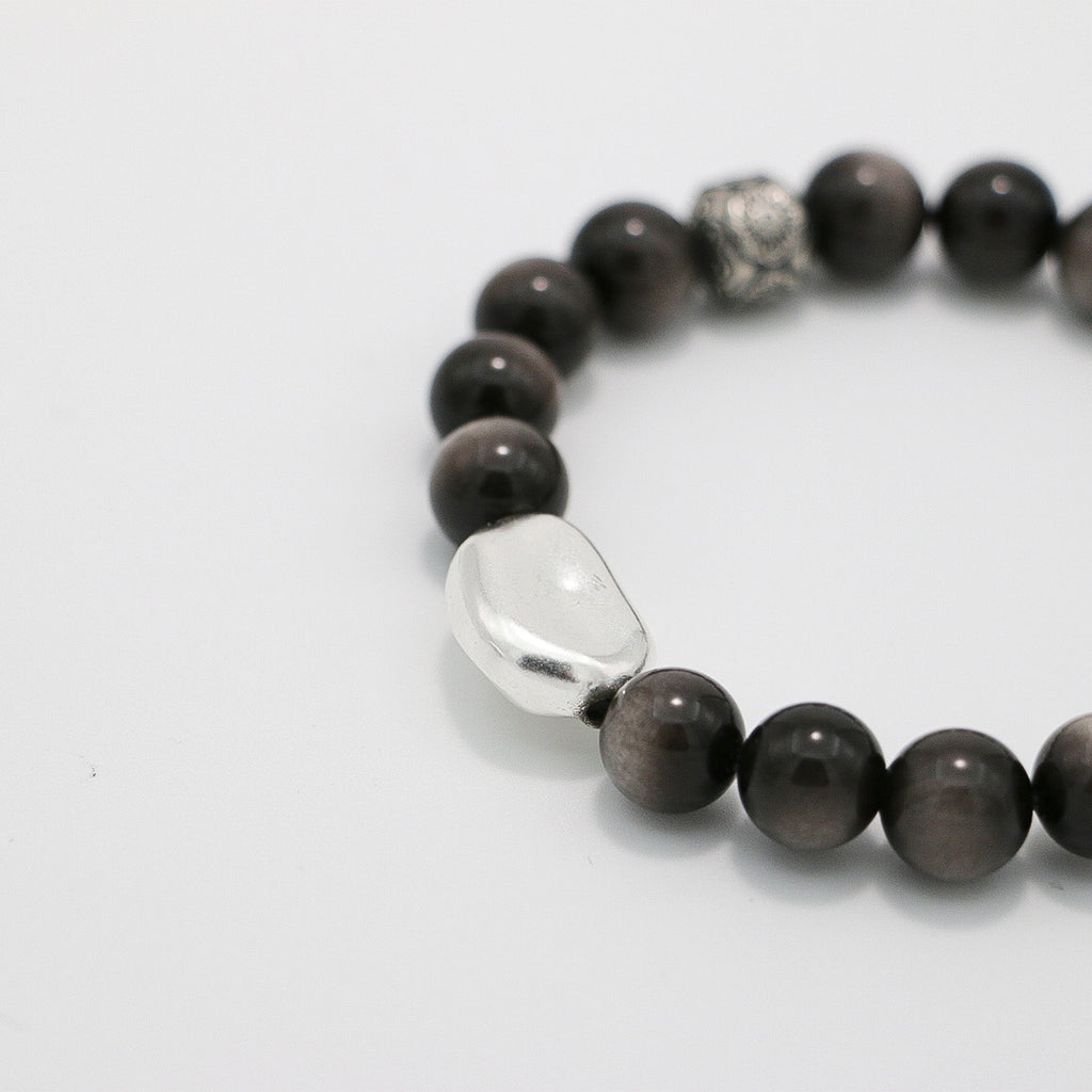 Handmade Silver Sheen Obsidian and Black Rutilated Quartz Bracelet with Silver Accents-st-0016