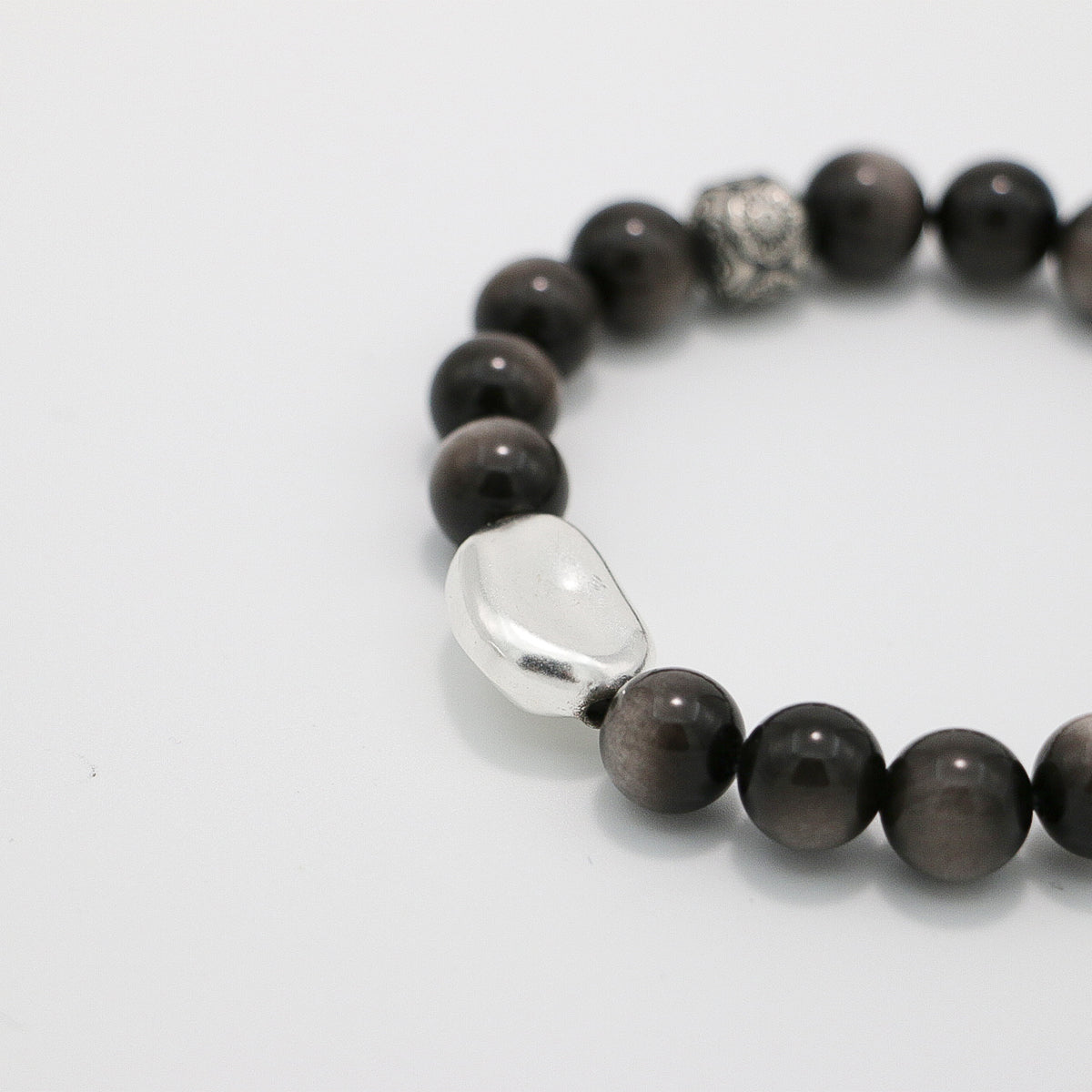 Handmade Silver Sheen Obsidian and Black Rutilated Quartz Bracelet with Silver Accents-st-0016