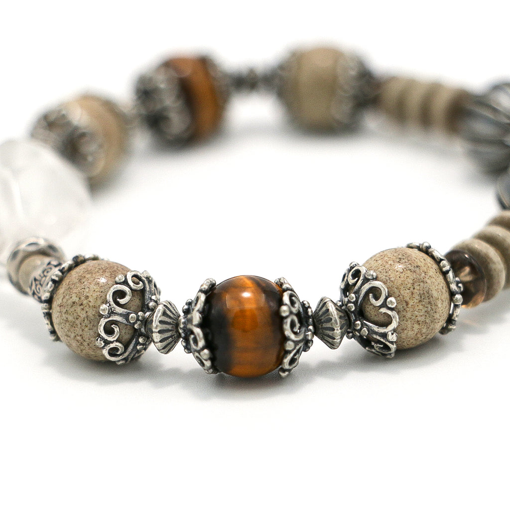 Handmade Tiger Eye, Map Stone and Clear Crystal Bracelet with Antiqued Silver Accents-st-0015