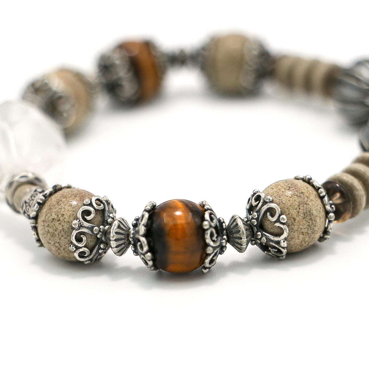 Handmade Tiger Eye, Map Stone and Clear Crystal Bracelet with Antiqued Silver Accents-st-0015