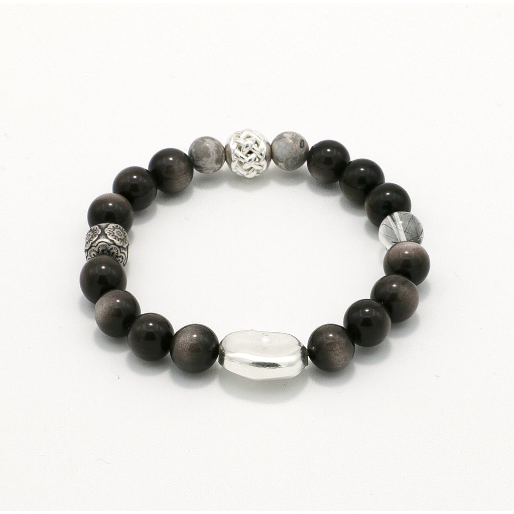 Handmade Silver Sheen Obsidian and Black Rutilated Quartz Bracelet with Silver Accents-st-0016