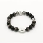 Handmade Silver Sheen Obsidian and Black Rutilated Quartz Bracelet with Silver Accents-st-0016
