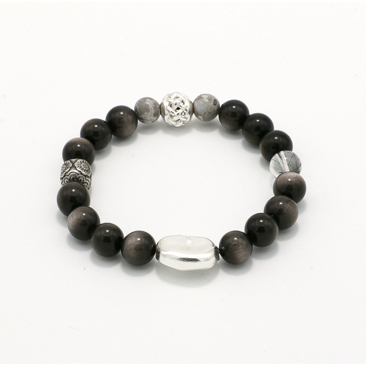 Handmade Silver Sheen Obsidian and Black Rutilated Quartz Bracelet with Silver Accents-st-0016