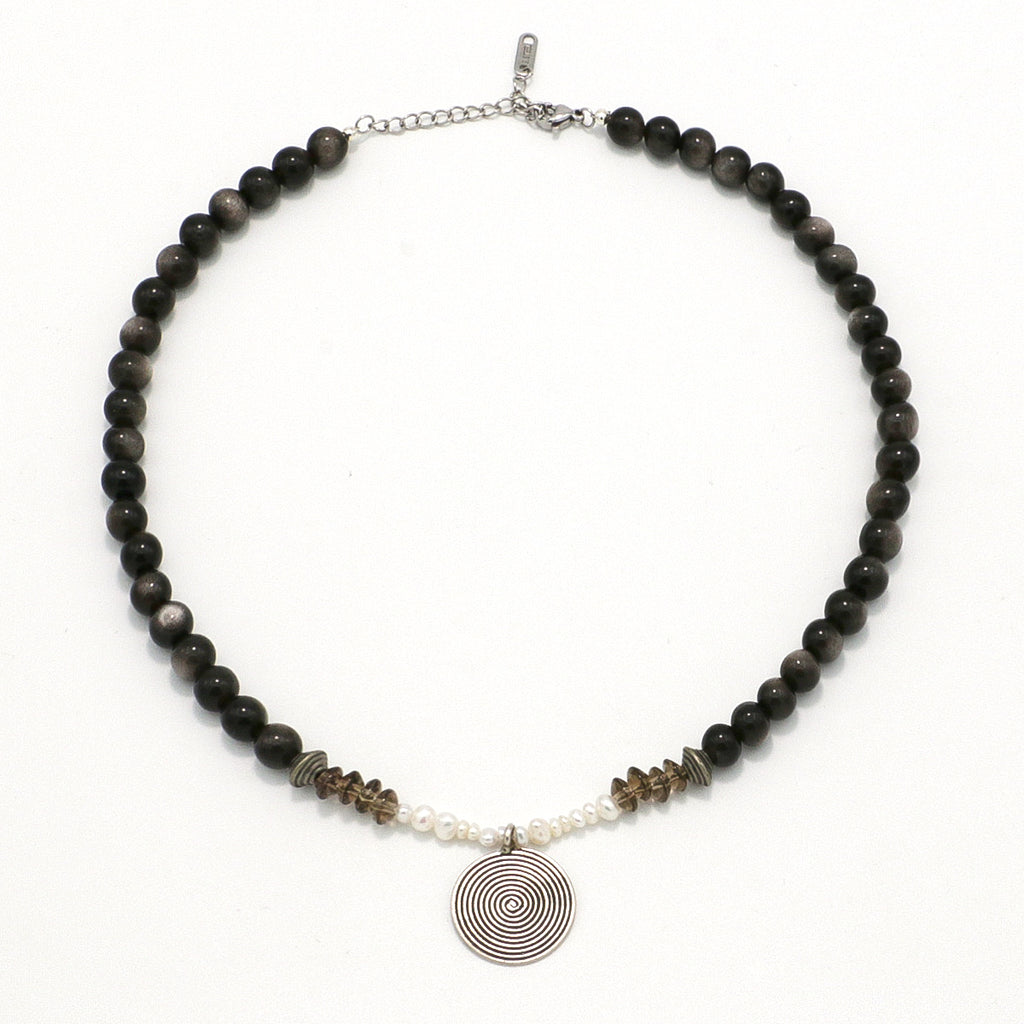 Silver Sheen Obsidian and Smoky Quartz Necklace with Silver Spiral Pendant-st-0020