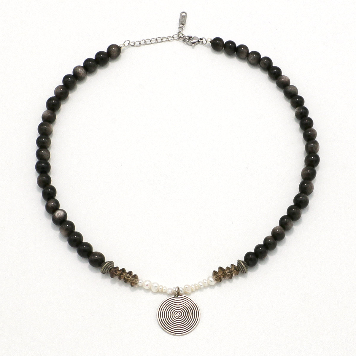 Silver Sheen Obsidian and Smoky Quartz Necklace with Silver Spiral Pendant-st-0020