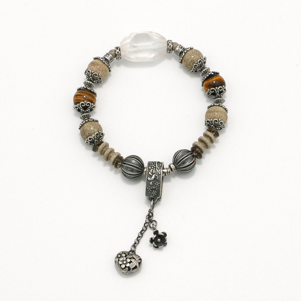 Handmade Tiger Eye, Map Stone and Clear Crystal Bracelet with Antiqued Silver Accents-st-0015
