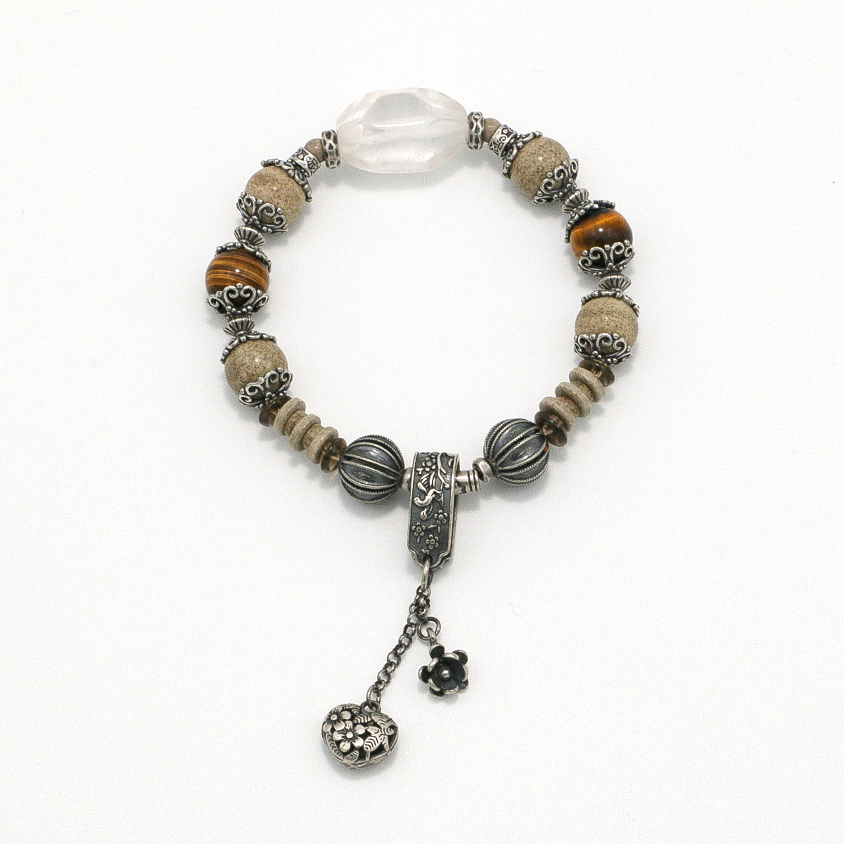 Handmade Tiger Eye, Map Stone and Clear Crystal Bracelet with Antiqued Silver Accents-st-0015