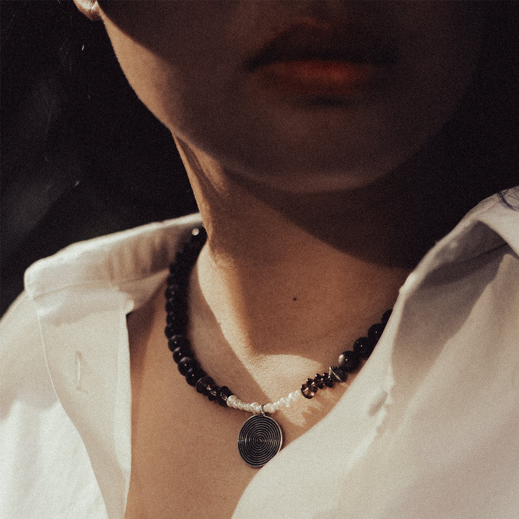 Silver Sheen Obsidian and Smoky Quartz Necklace with Silver Spiral Pendant-st-0020