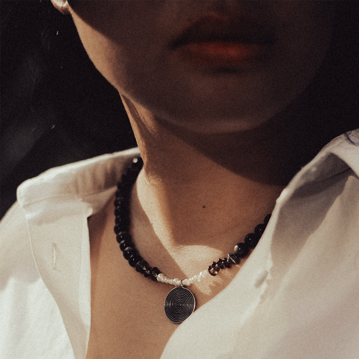 Silver Sheen Obsidian and Smoky Quartz Necklace with Silver Spiral Pendant-st-0020