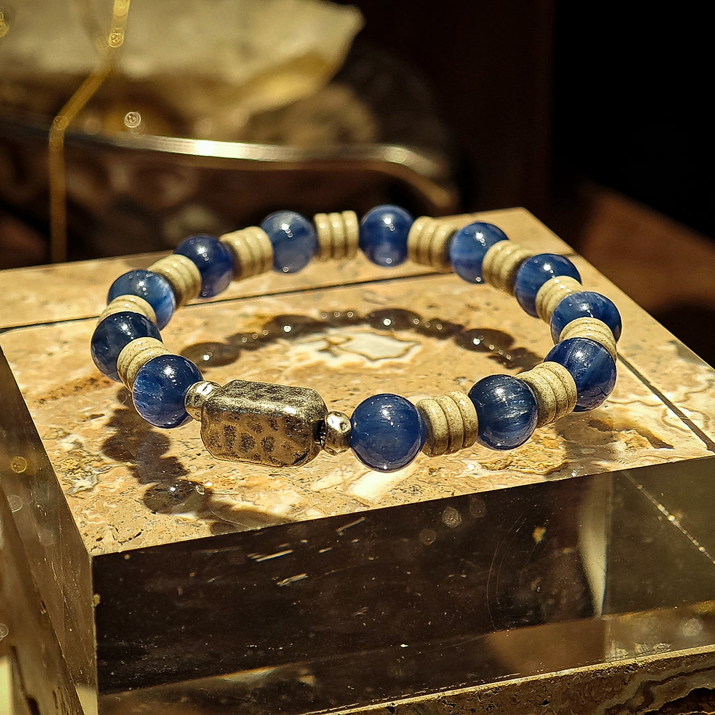 Handmade Turquoise and Kyanite Bracelet with Hammered Thai Silver-st-0029