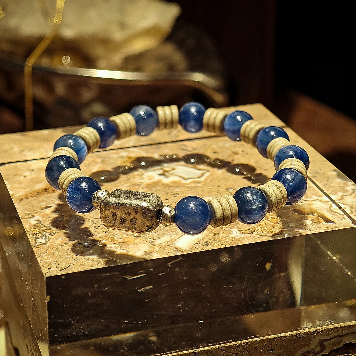 Handmade Turquoise and Kyanite Bracelet with Hammered Thai Silver-st-0029
