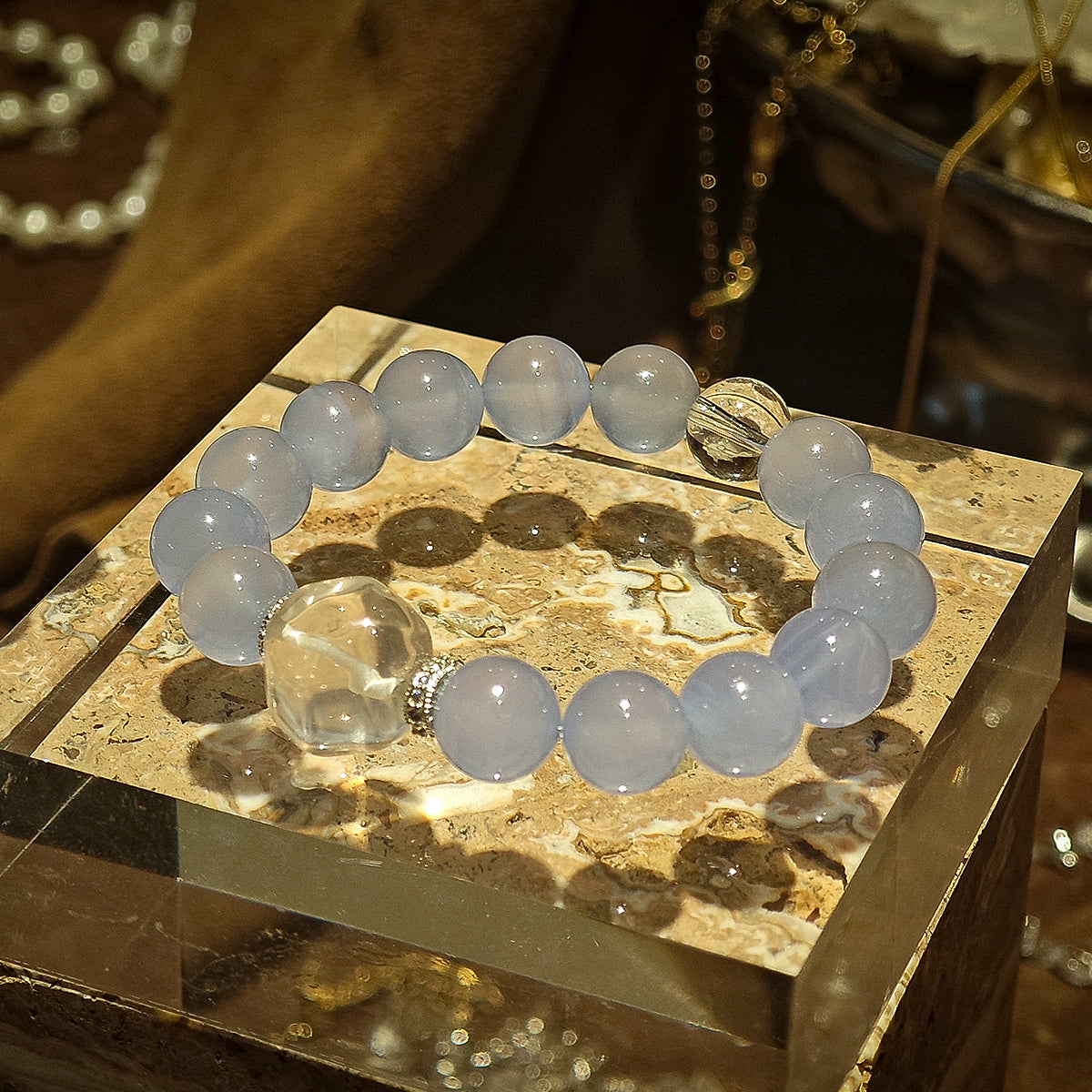 Handmade Blue Lace Agate Bracelet with Rose Quartz and Clear Crystal - 925 Silver Accents-st-0032