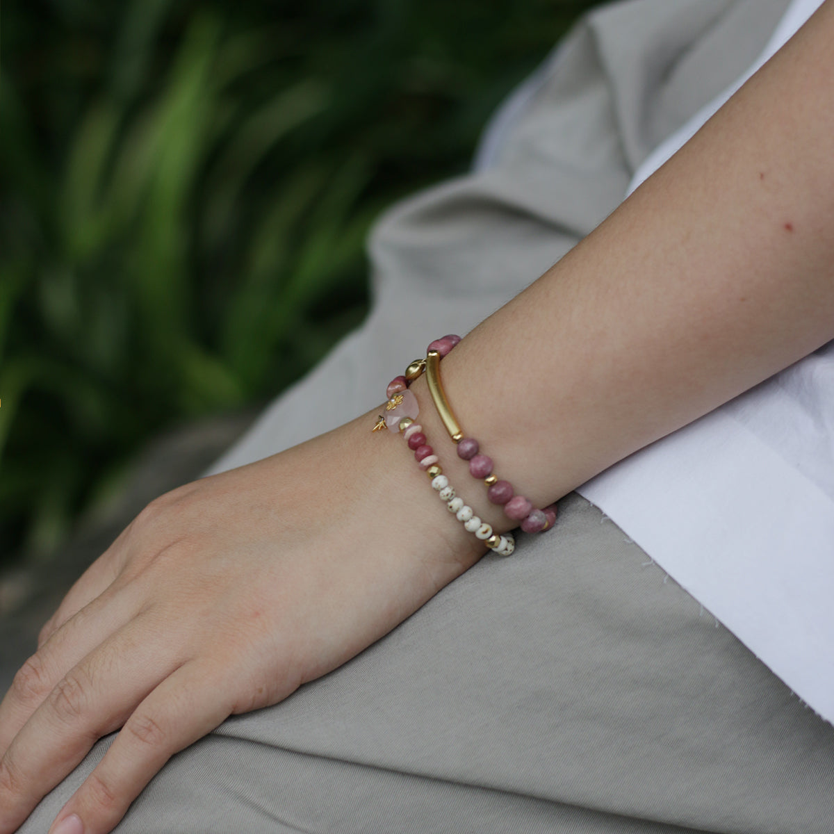 Handmade Rhodochrosite and Raw Crystal Bracelet with Gold Accents-st-0003
