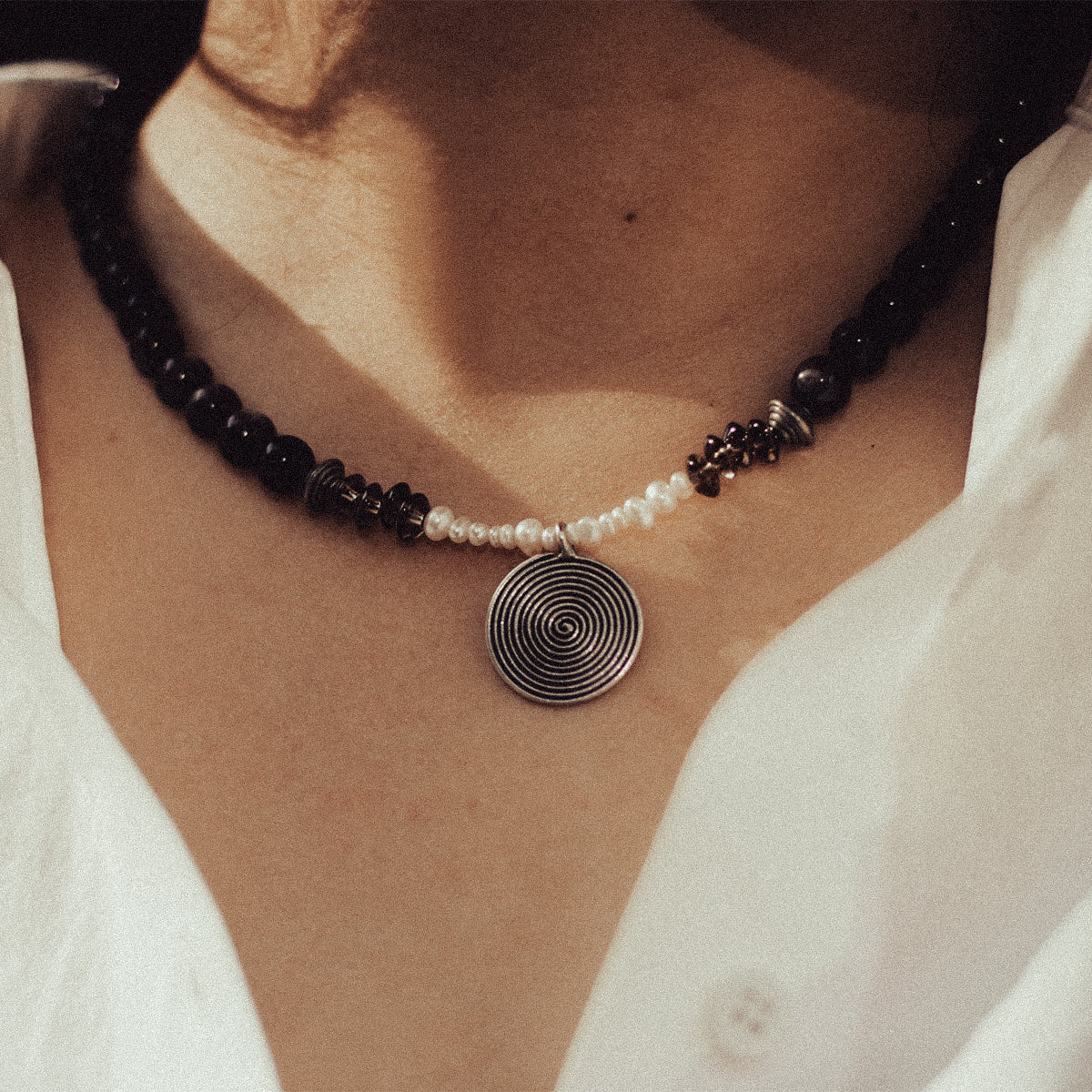 Silver Sheen Obsidian and Smoky Quartz Necklace with Silver Spiral Pendant-st-0020