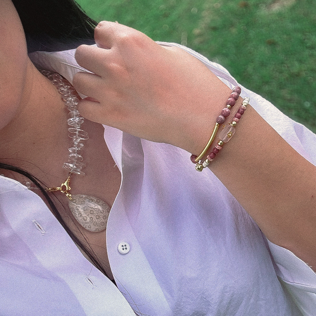 Handmade Rhodochrosite and Howlite Bracelet with Gold Plated Accents-st-0006