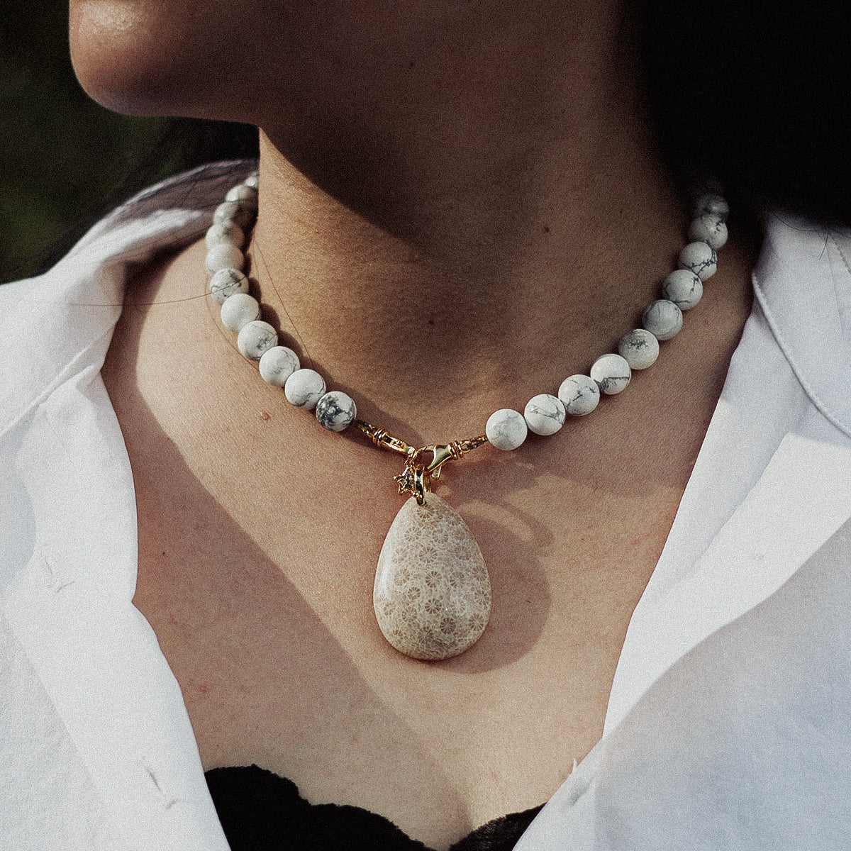 Handmade Howlite Necklace with Gold Chain-st-0025