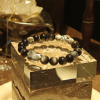 Handmade Silver Sheen Obsidian and Black Rutilated Quartz Bracelet with Silver Accents-st-0016