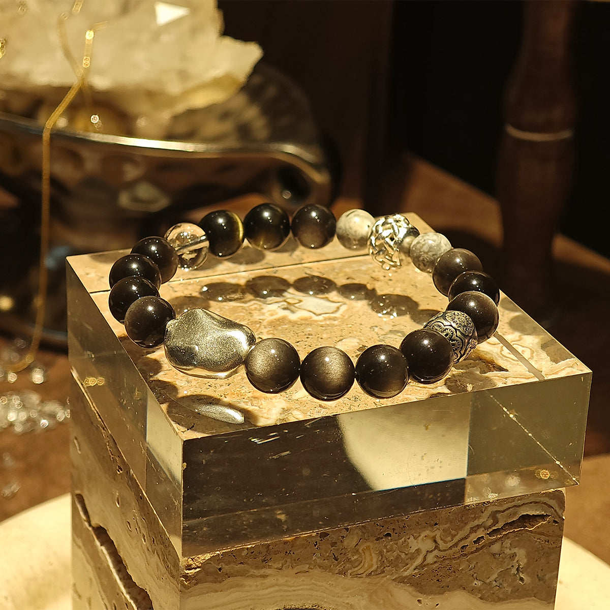 Handmade Silver Sheen Obsidian and Black Rutilated Quartz Bracelet with Silver Accents-st-0016
