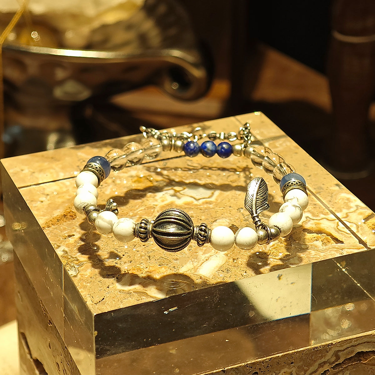 Handmade Howlite and Kyanite Bracelet with Silver Chain - Greek Sculpture Inspired-st-0007